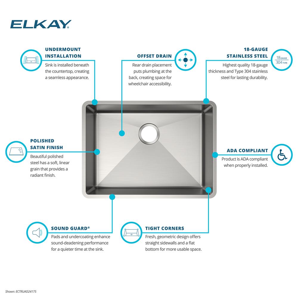 Elkay SS 25.5 x 18.5 x 5.5 Single Undermount Sink | Elkay