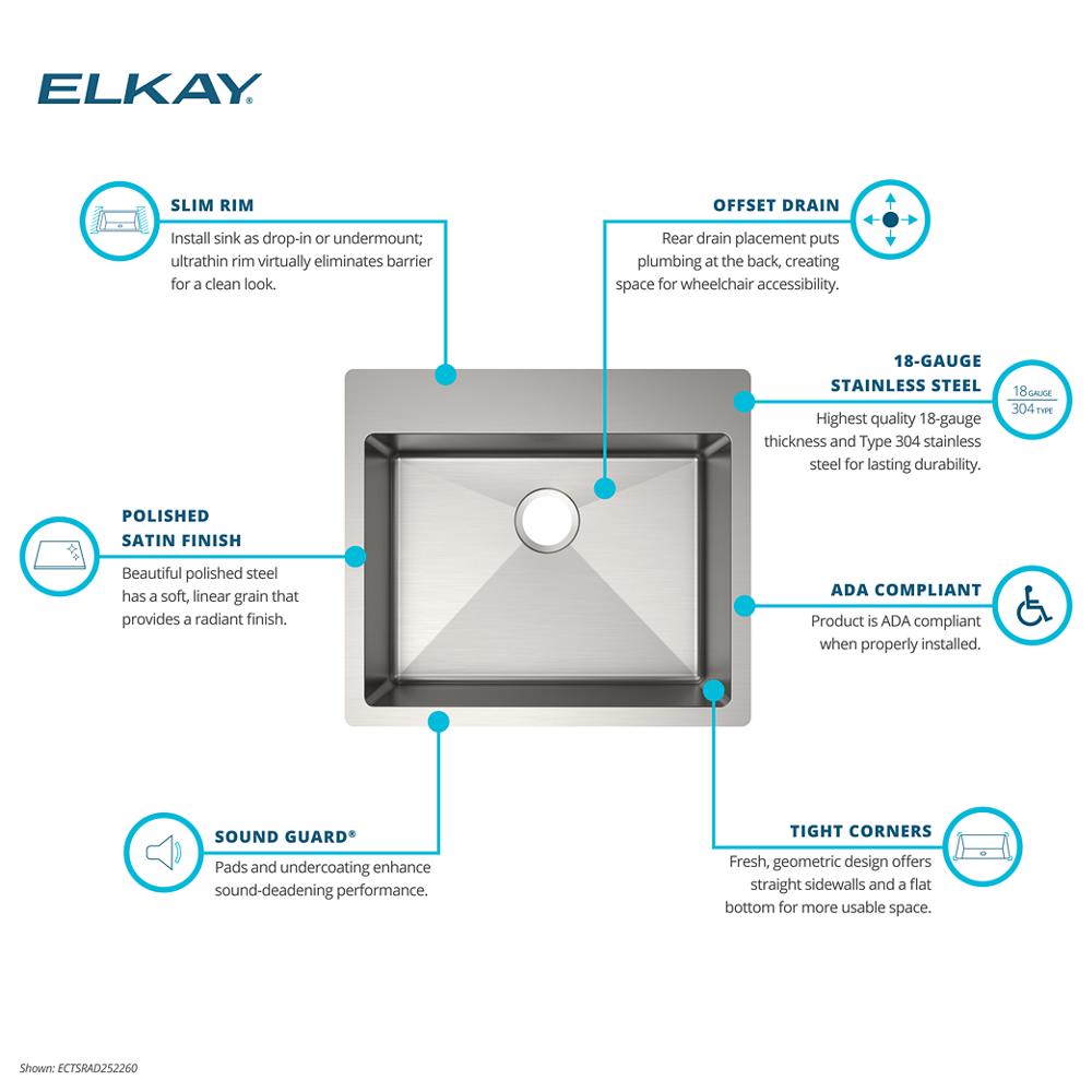 Elkay SS 25 x 22 x 6 Single Dual Mount ADA Sink | Elkay