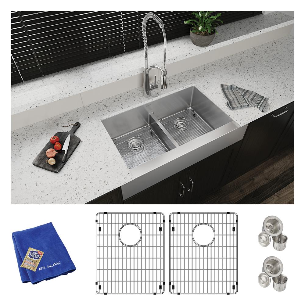 Elkay SS 35.8 x 20.2 x 9 Equal Dbl Farmhouse Sink Kit | Elkay