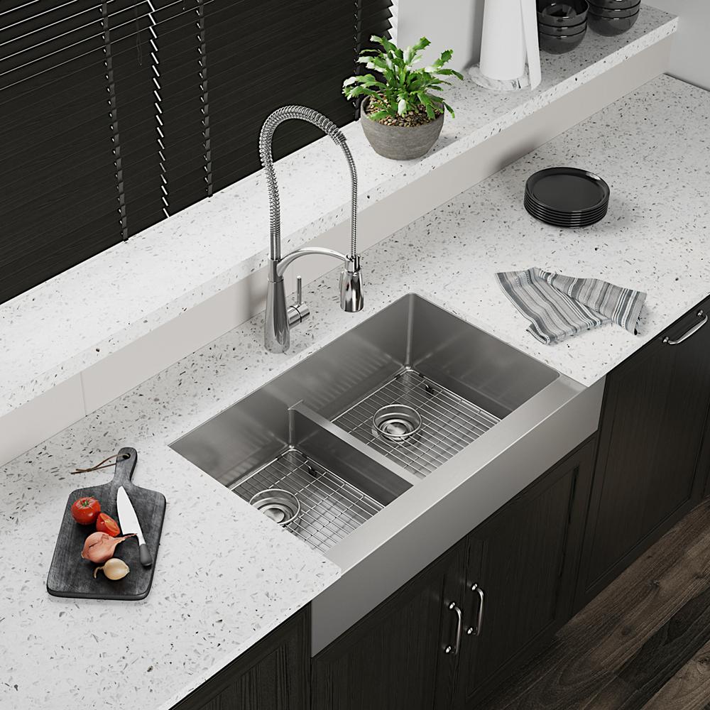 Elkay SS 35.8 x 20.2 x 9 Equal Dbl Farmhouse Sink Kit | Elkay