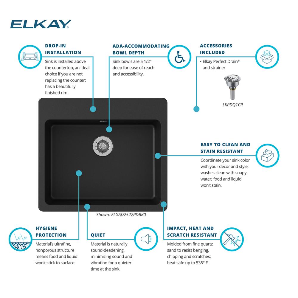 Elkay Quartz Classic 25 x 22 x 5.5 Single Bowl ADA Drop-in Sink