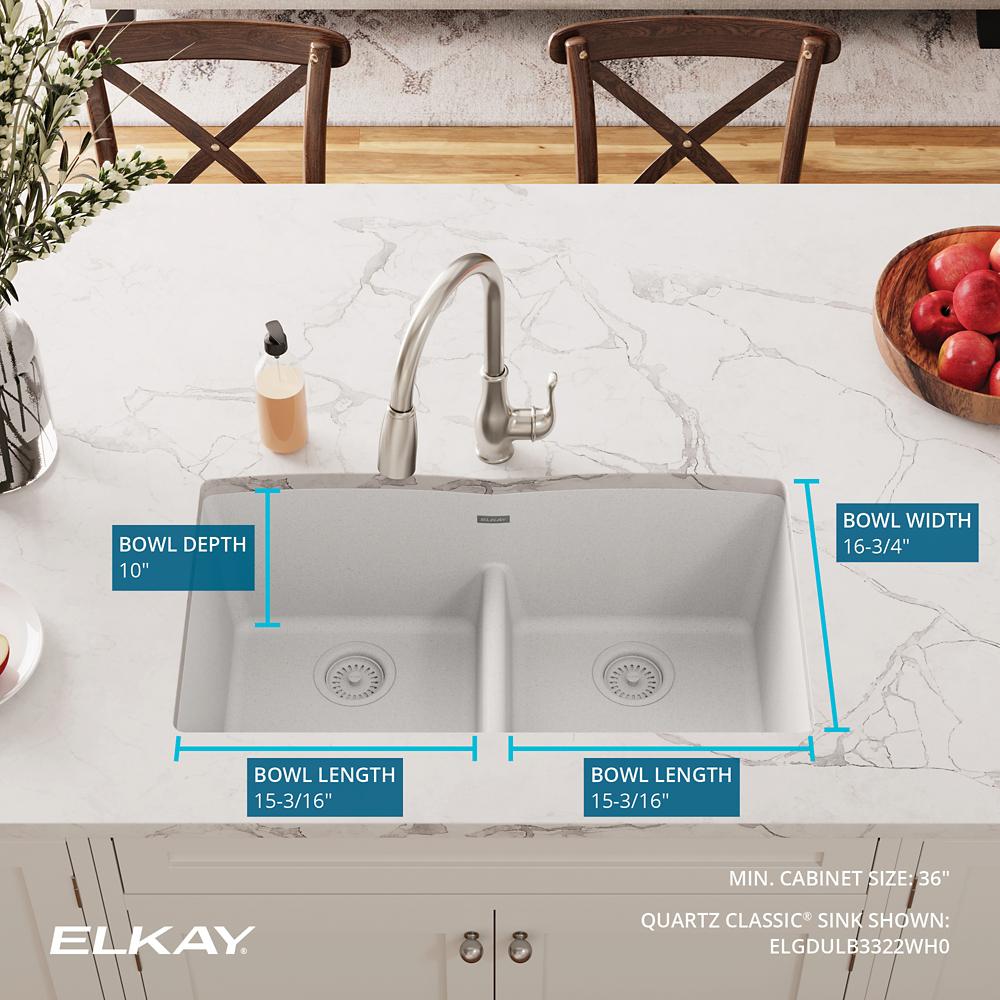 Elkay Quartz Classic 33 x 19 x 10 Equal Dbl Under MT Sink White
