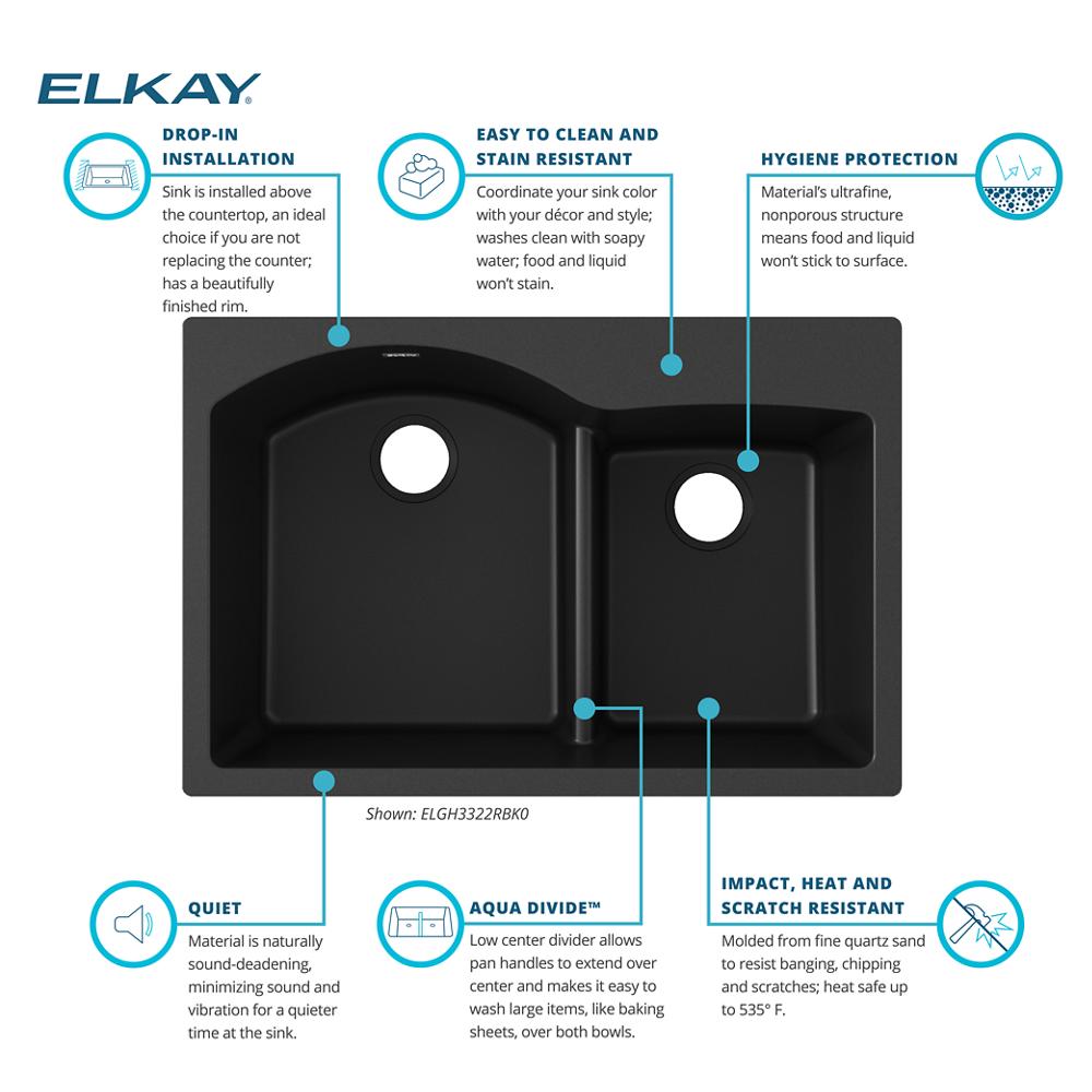 Elkay Quartz Classic 33 x 22 x 10 Offset 60/40 Dbl Drop-in Sink
